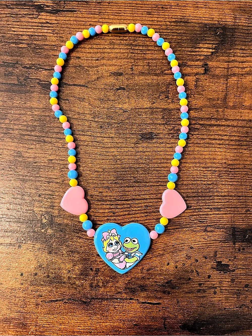 Vintage 80s The Muppets Babies Jim Henson Kids Beaded Heart Pendant Necklace